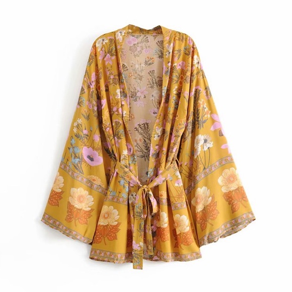 SOLD OUT Vintage Golden Floral Boho Kimono Robe Wrap Top - Picture 6 of 8